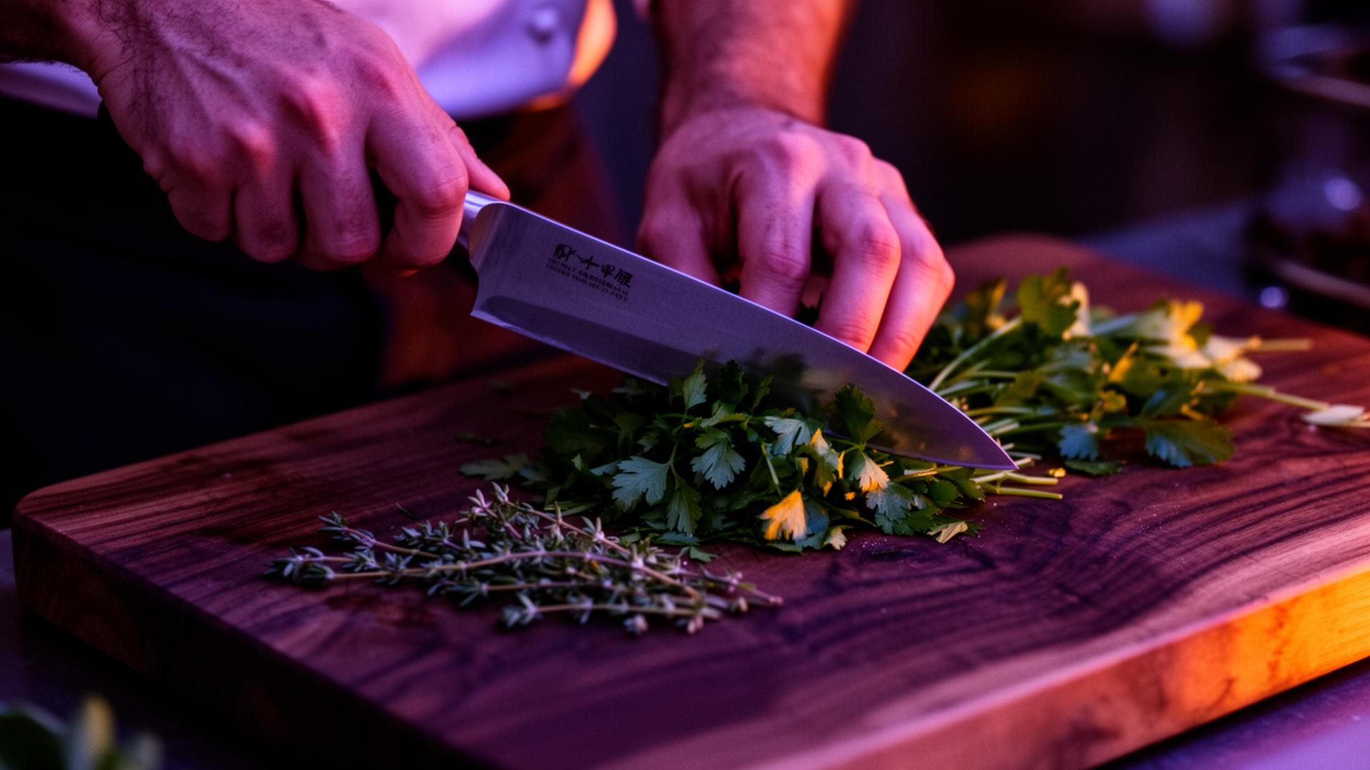 Chef's hands chopping herbs